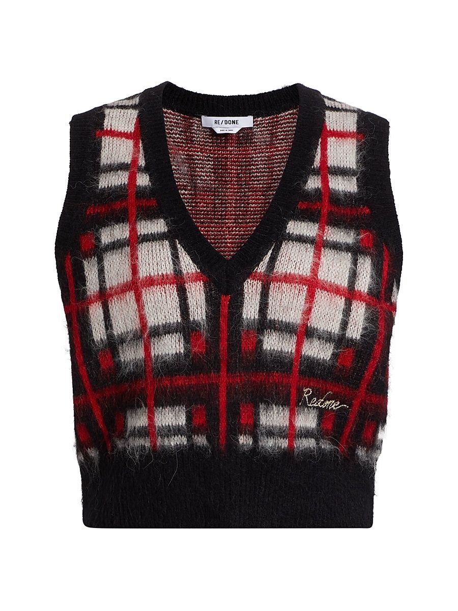 Women's Check V-Neck Vest - Black Red White - Size Large