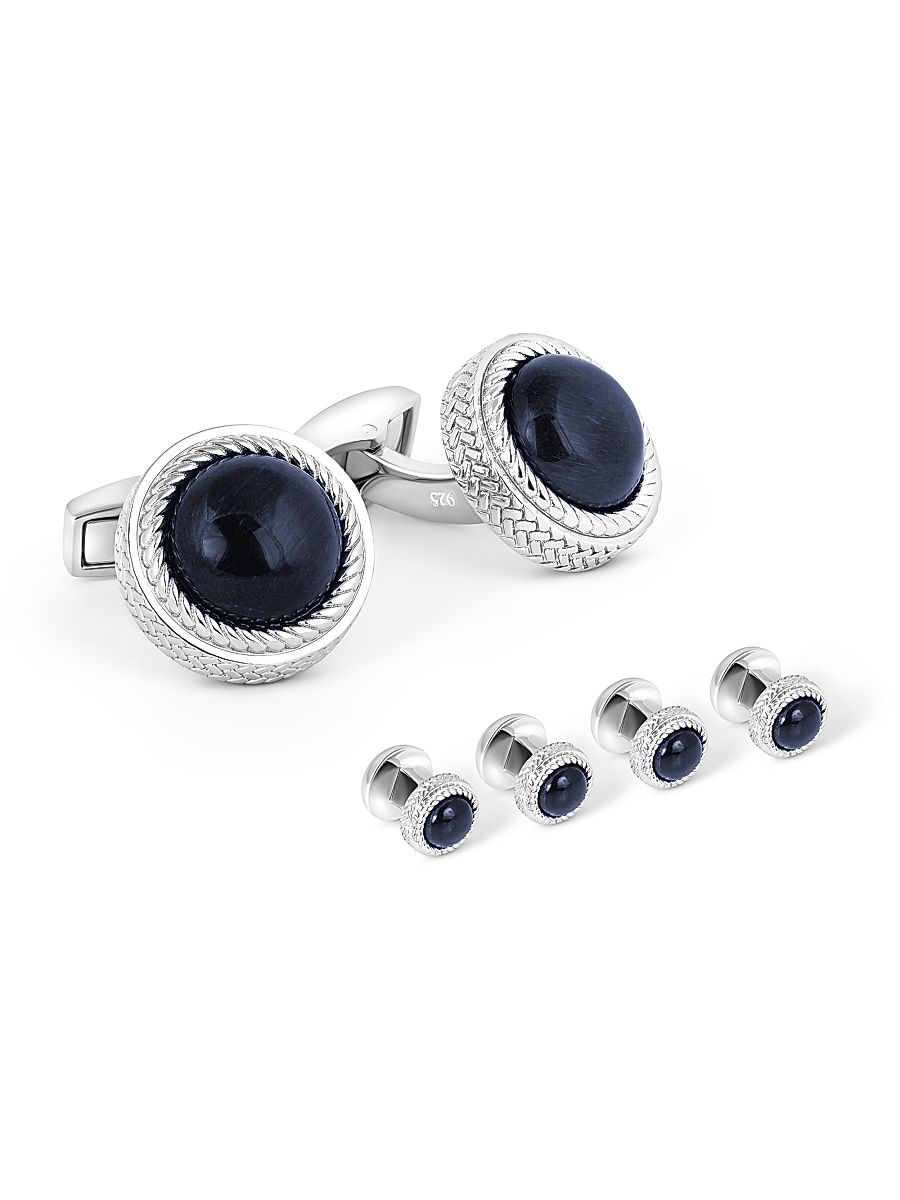 Men's 3-Piece Sterling Silver & Blue Tiger Eye Cufflinks & Studs Set - Blue