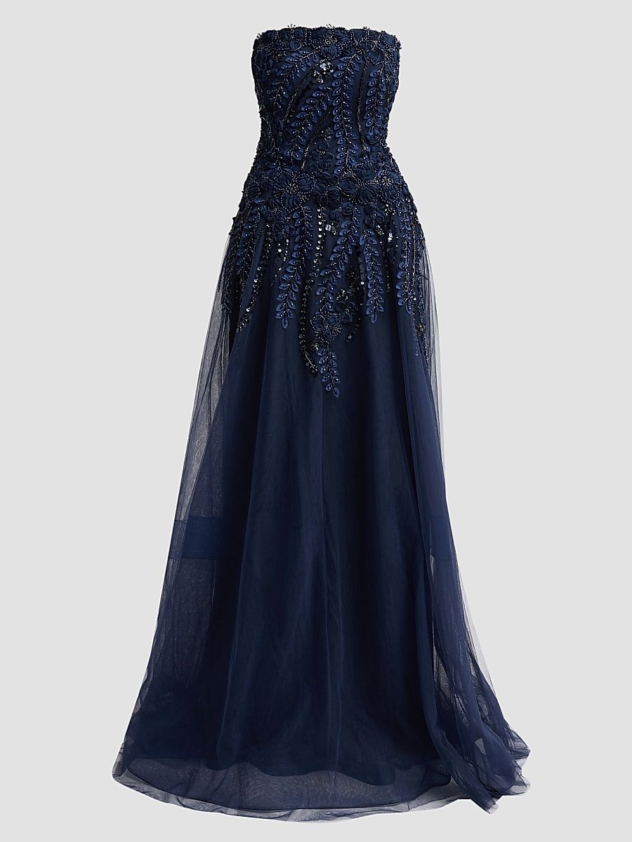 Women's Floral-Embellished Tulle Strapless Gown - Navy - Size 16