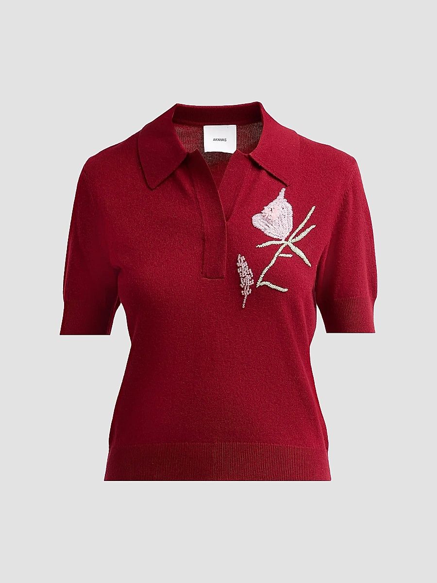 Women's Ailey Embroidered Wool-Cashmere Polo Sweater - Burgundy - Size XS