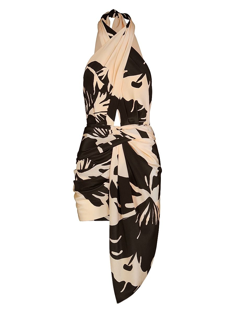 Women's Micaela Oriental Dreams Floral Silk Halterneck Minidress - Ecru Black - Size 10