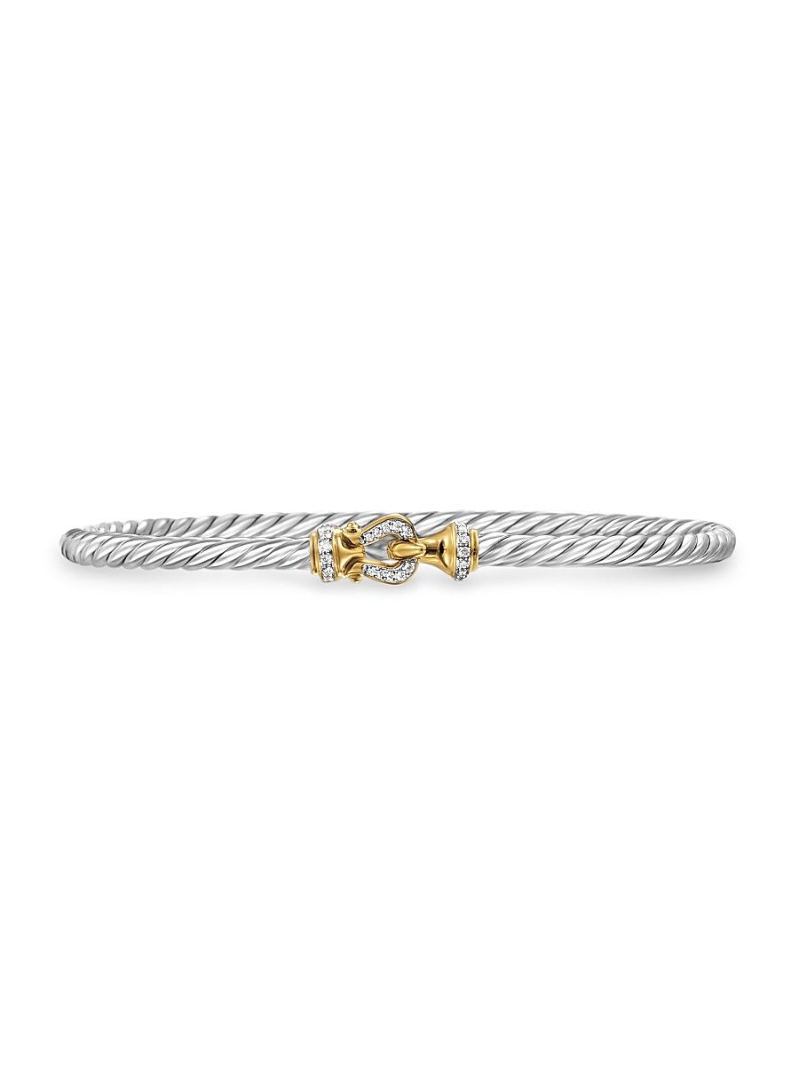 Women's Buckle Classic Cable Bracelet in Sterling Silver - Diamond - Size Medium