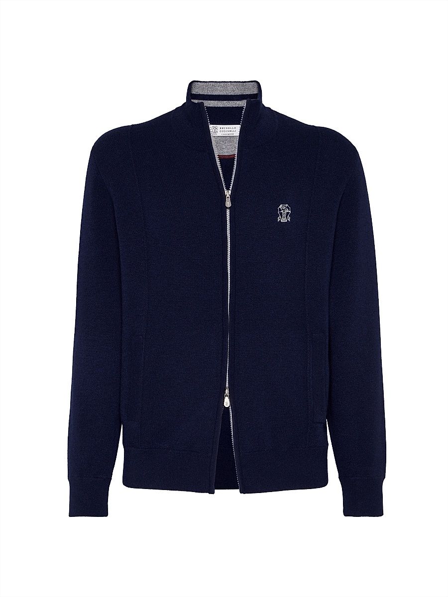 Men's Cashmere Double Knit Cardigan with Zipper and Logo - Marine Blue - Size XXXL