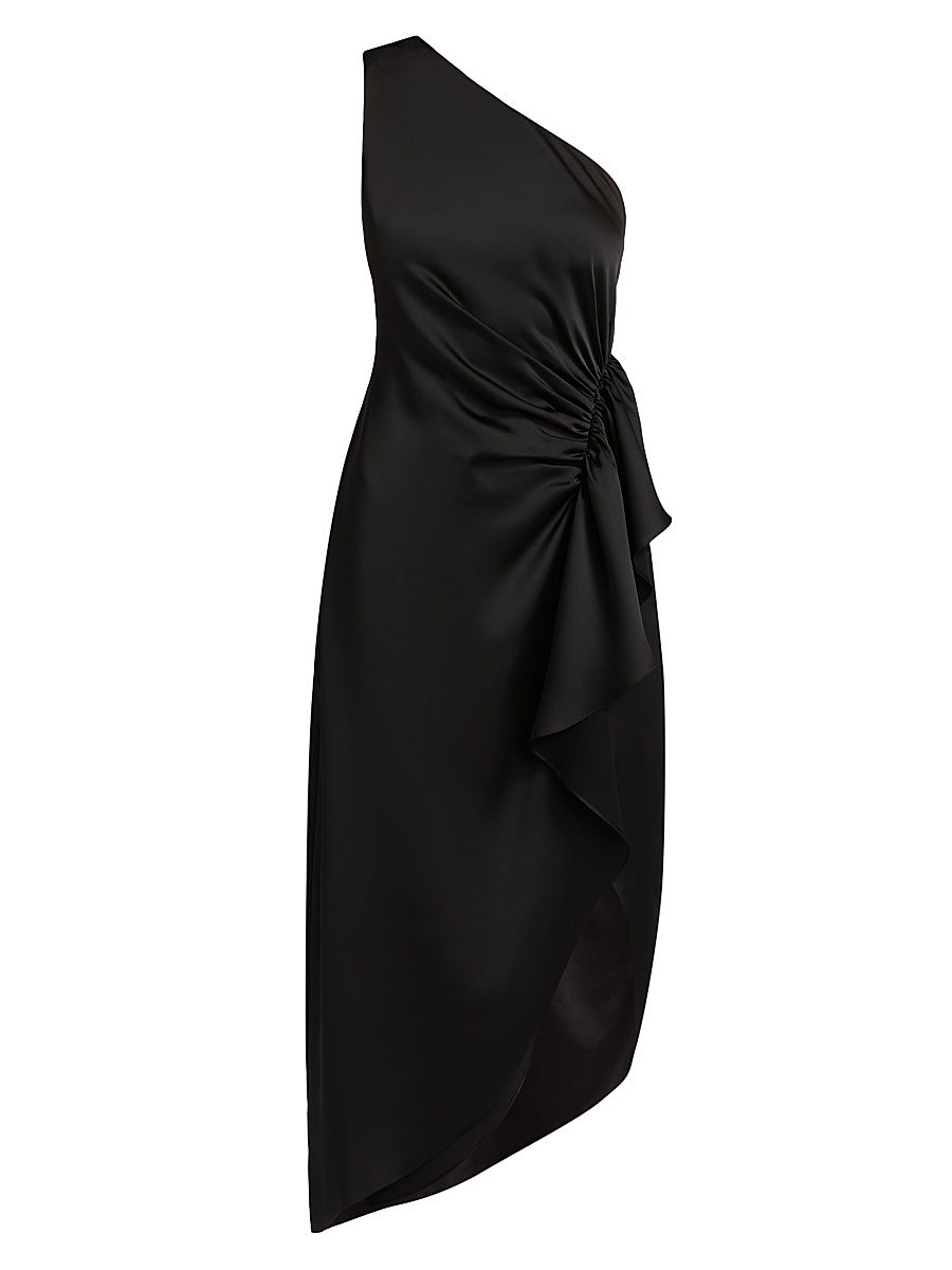 Women's Malika Ruffled Satin One-Shoulder Midi-Dress - Black - Size 14