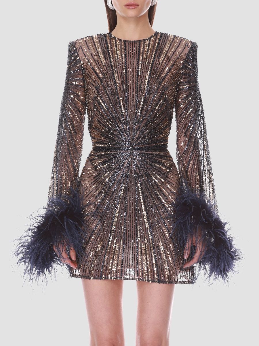 Bronx Banco Women's Embellished Feather-Cuff Mini Dress - Navy Multi - Size XS
