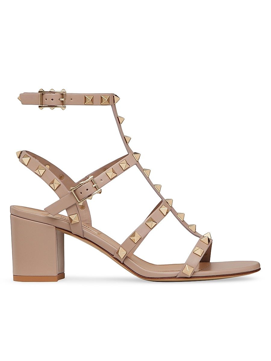 Women's Rockstud Calfskin Ankle Strap Sandals - Poudre - Size 11.5