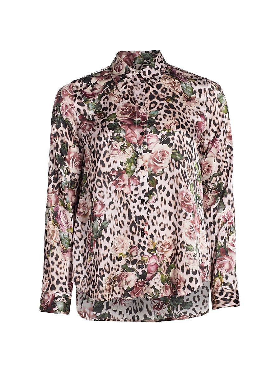 Women's Tyler Floral Leopard Silk Shirt - Multi Small Rose Cheetah - Size XXS