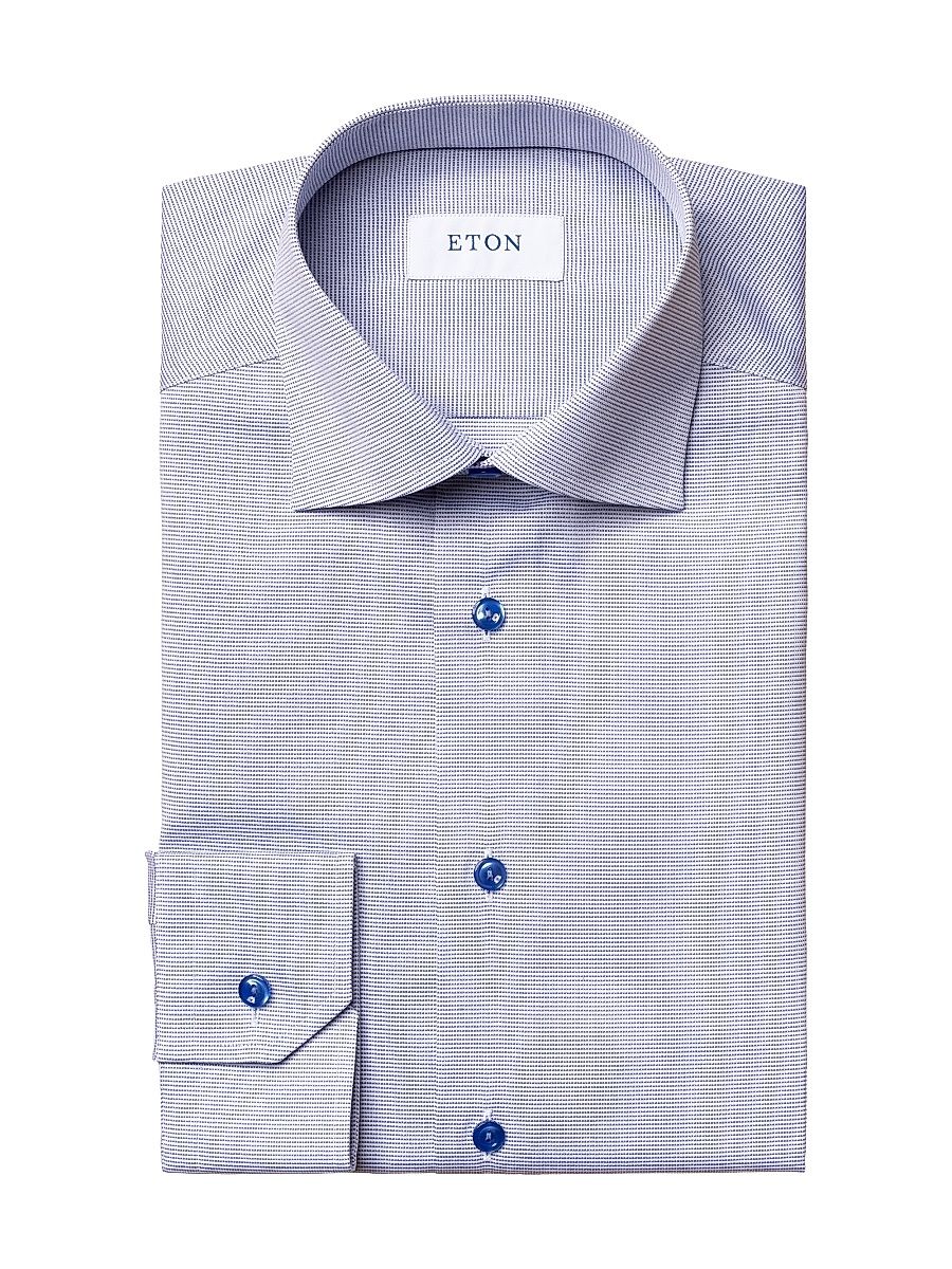 Men's Textured Cotton Slim-Fit Shirt - Blue - Size 17.5