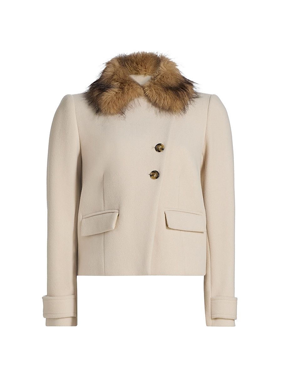 ba & sh Women's Terry Faux Fur-Trim Boxy Coat - Ecru - Size Large
