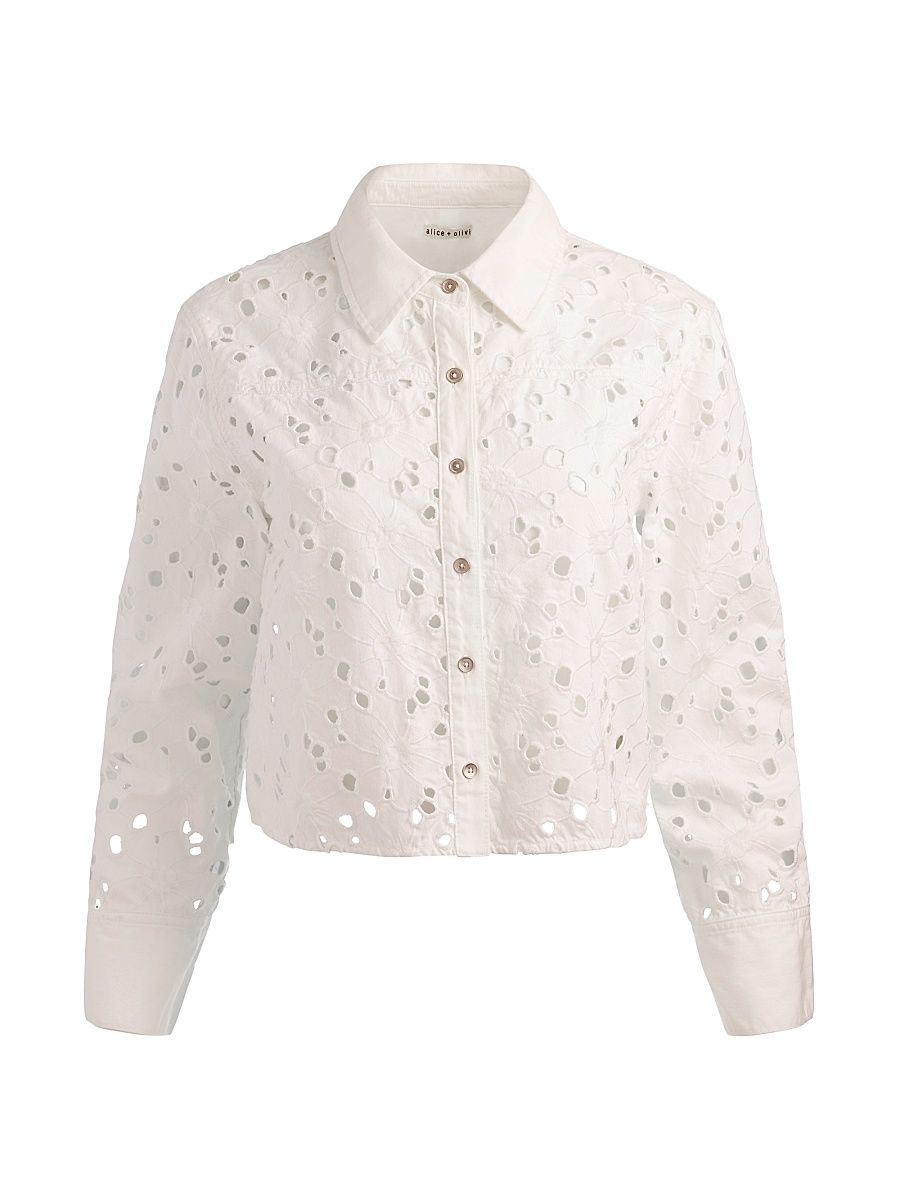 Women's Finely Cotton-Blend Crop Denim Shirt - Off White - Size Large