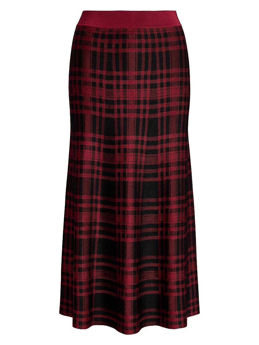 Women's Plaid Plaid Stretch Fit & Flare Midi-Skirt - Polo Black Fireside Red - Size XL