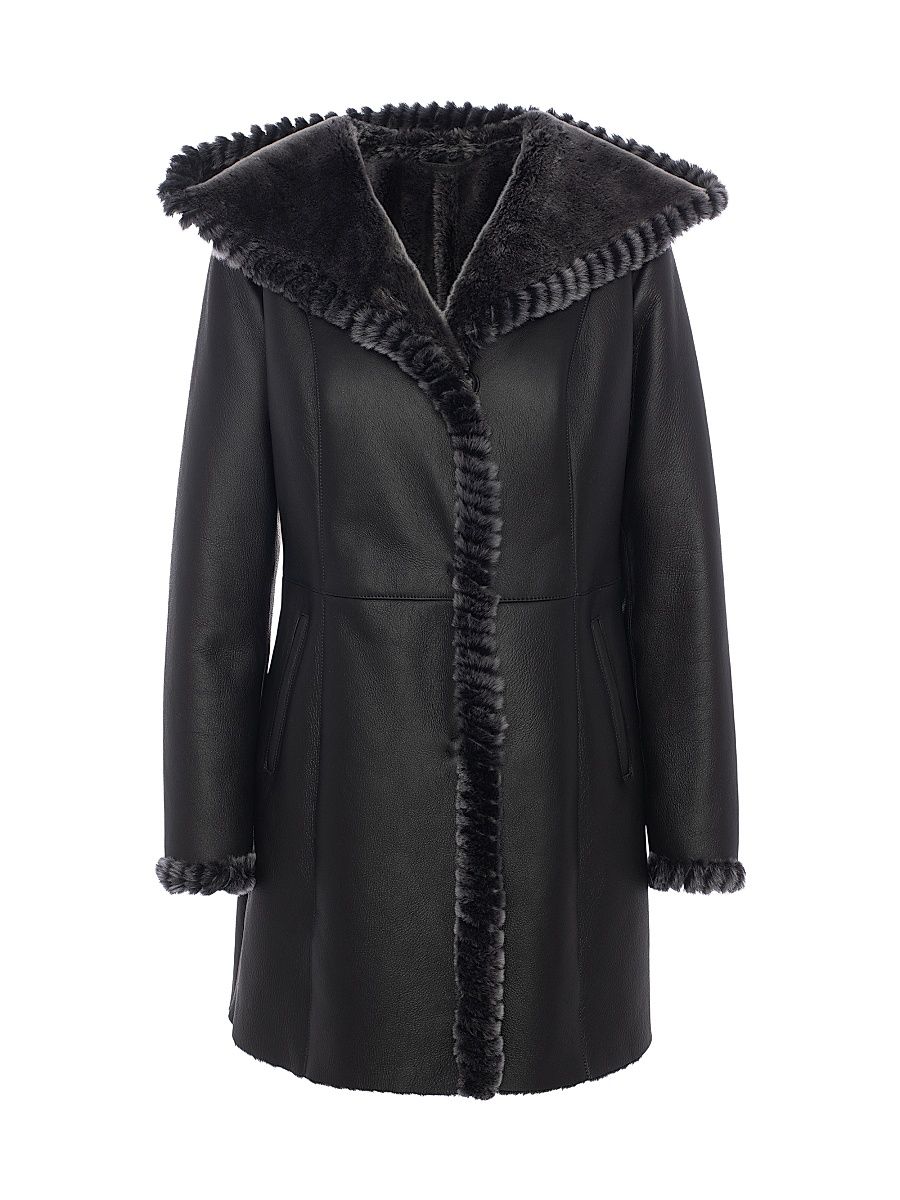 Women's Merino Shearling Lamb Parka with Whipstitch Trim - Black Brisa - Size Medium