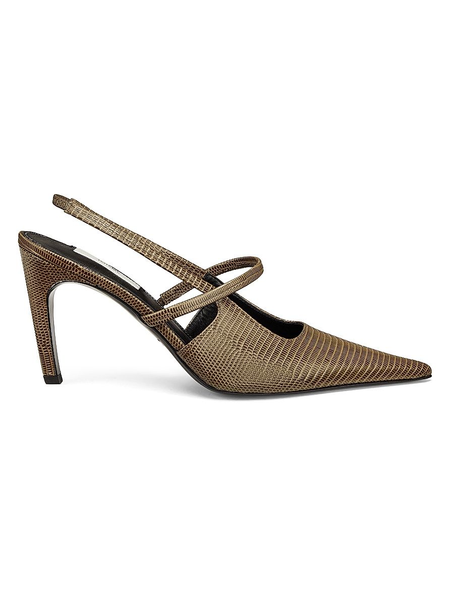 Women's 90MM Lizard-Embossed Leather Slingback Pumps - Dark Olive - Size 10