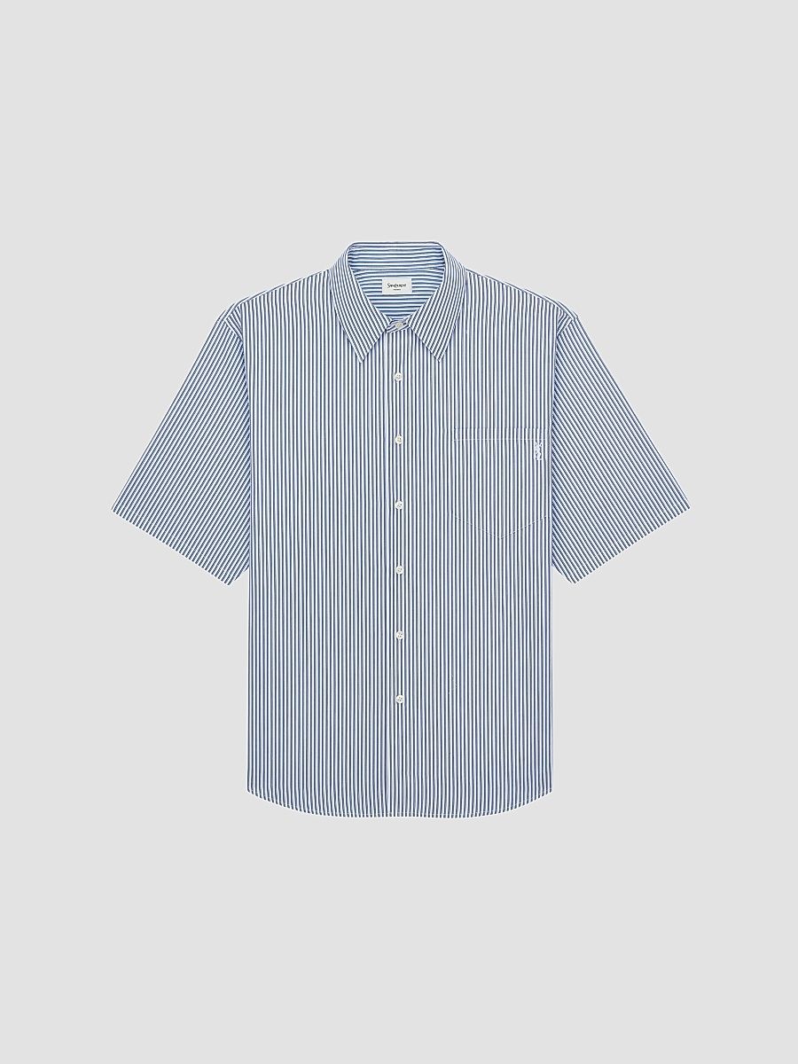 Saint Laurent Men's Cassandre Shirt in Striped Cotton Poplin - Craie Noir Bleu - Size 16.5