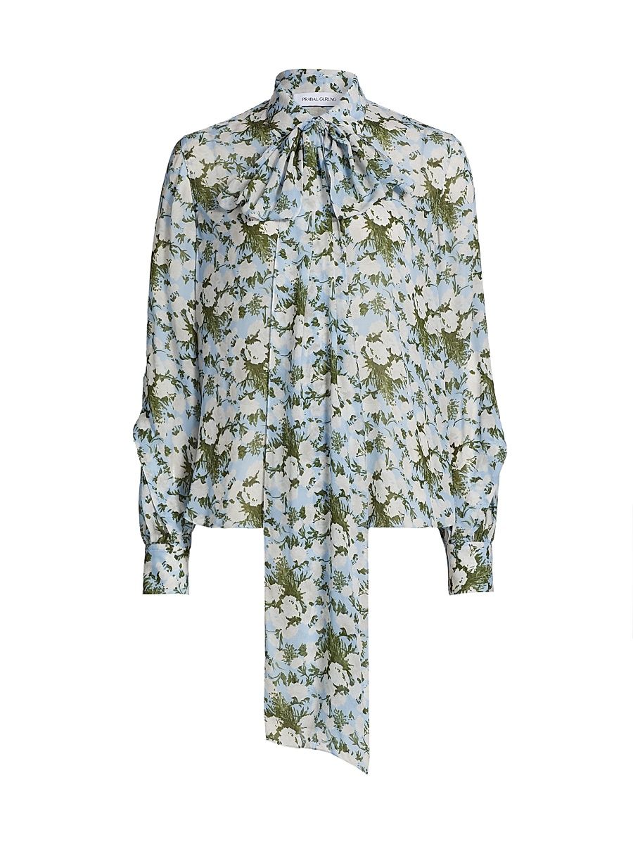 Women's Printed Neck Tie Blouse - Blue Multi - Size 6