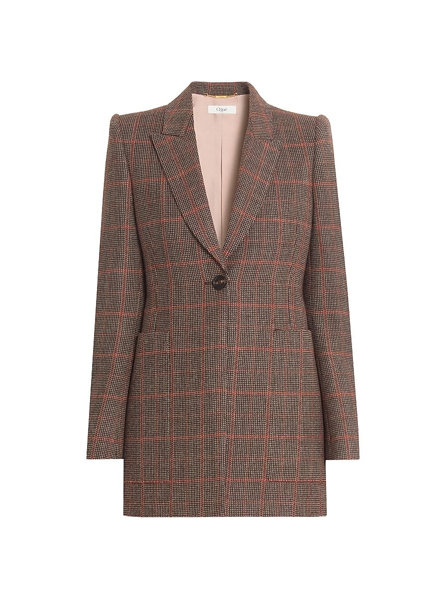 Women's VE53 Glen Check Wool Jacket - Brown Beige - Size 8