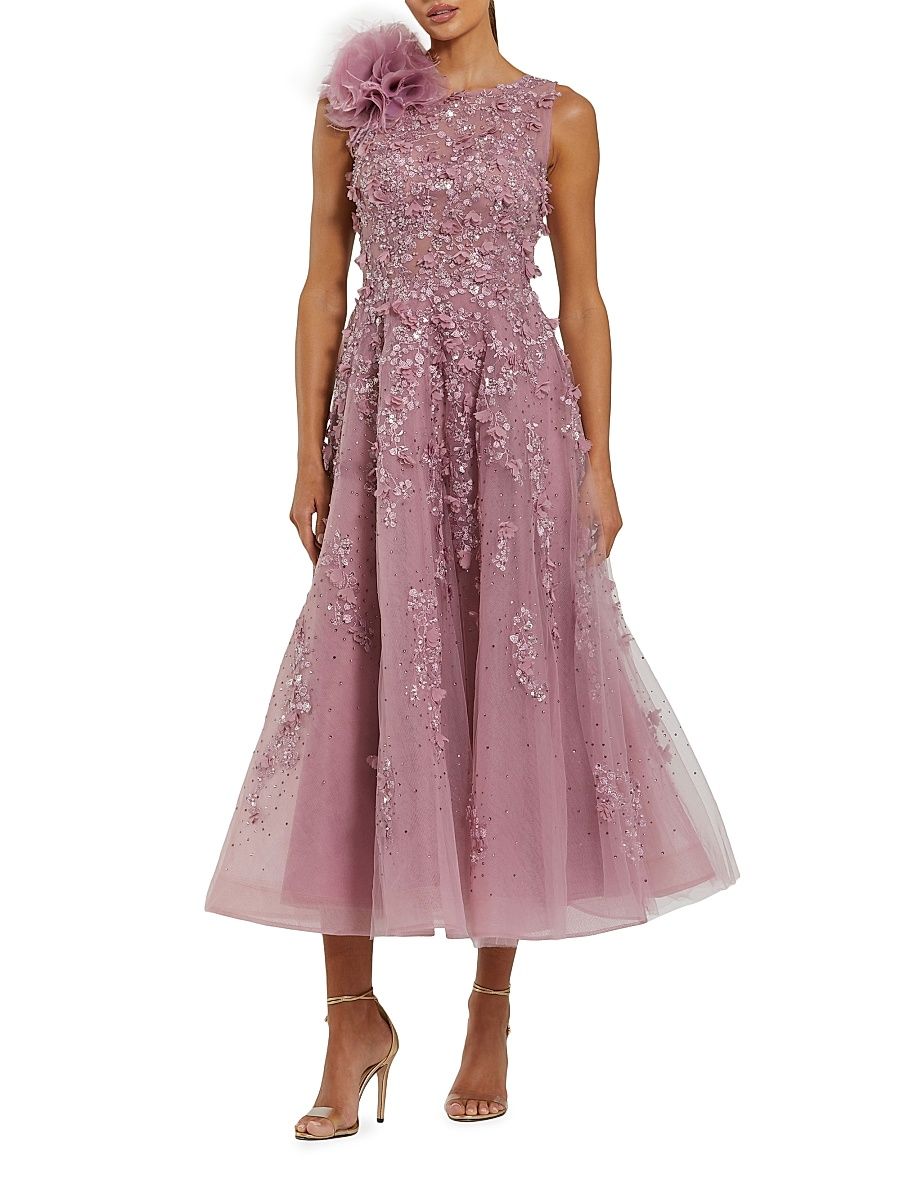 Women's Cocktail Beaded Fit & Flare Midi-Dress - Orchid - Size 14