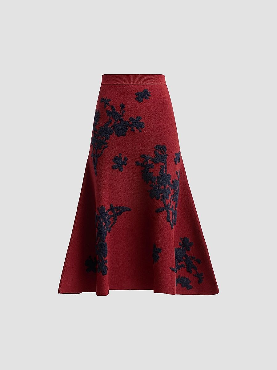 Women's Jacquard Knit Midi Skirt - Bordeaux - Size Medium