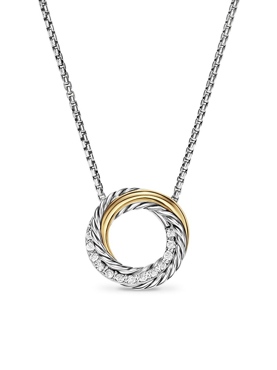 Women's Crossover Pendant Necklace in Sterling Silver with 18K Yellow Gold and Diamonds, 14.5MM - Diamond - Size 17