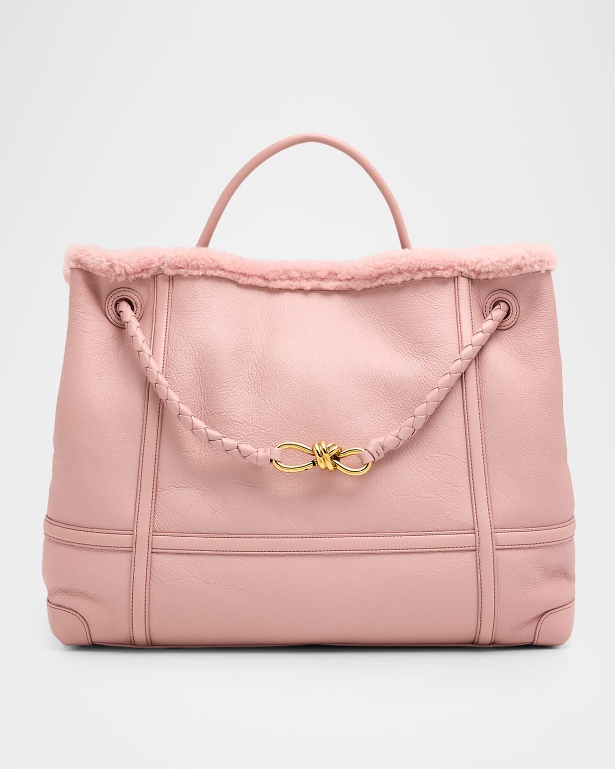 Andiamo Shearling-Trim Leather Top-Handle Bag