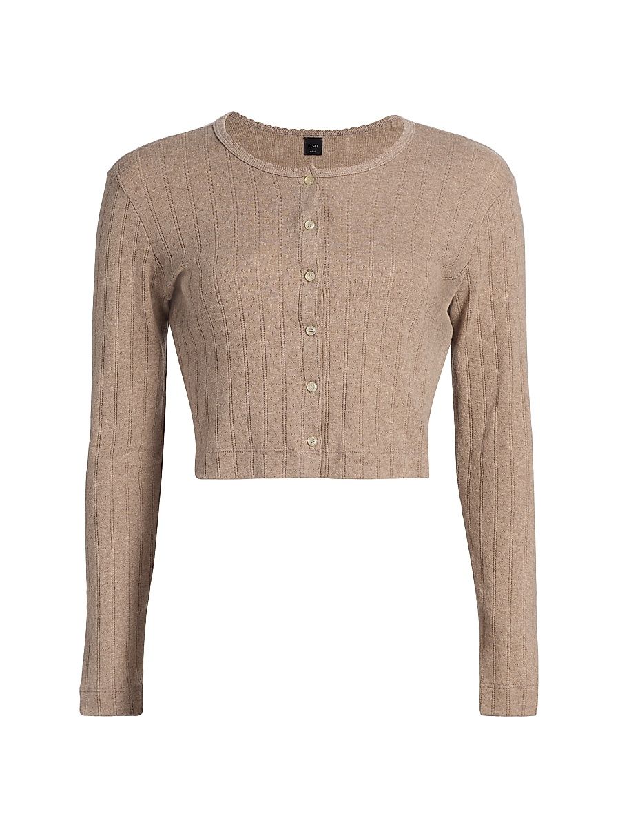 Women's Pointelle-Knit Crop Cardigan - Beige Melange - Size XL