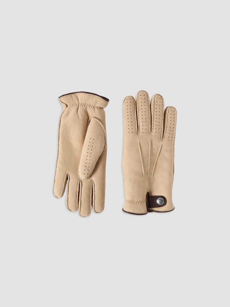 Brunello Cucinelli Men's Suede Curly Shearling Gloves - Sand - Size Medium