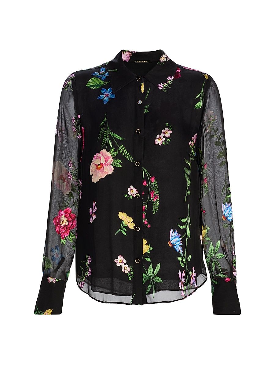Women's The Janice Floral Silk-Blend Blouse - Noir Denim Garden - Size XL