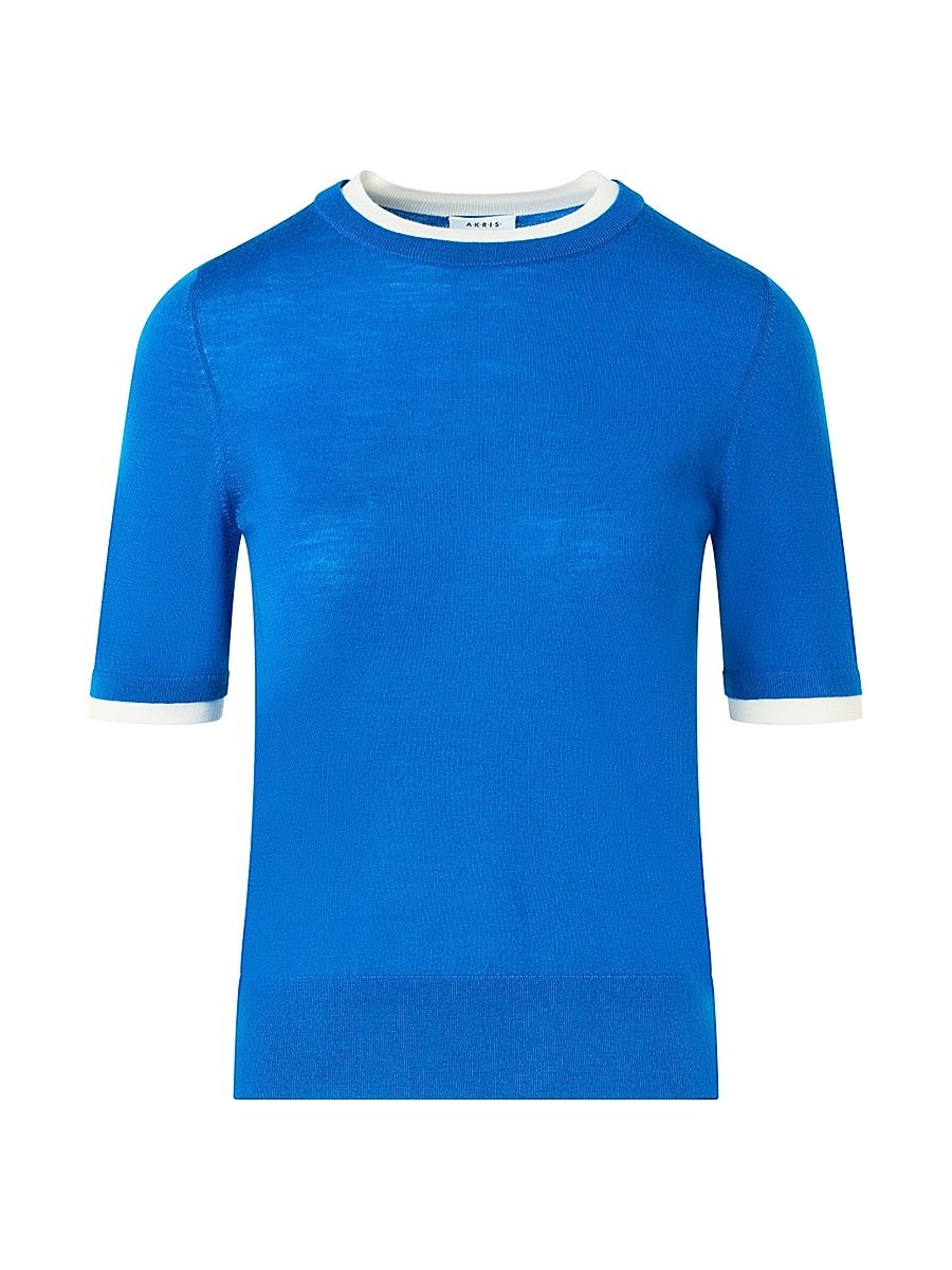 Women's Wool Trompe L'oeil Layered Sweater - Cobalt Blue Cream - Size 16