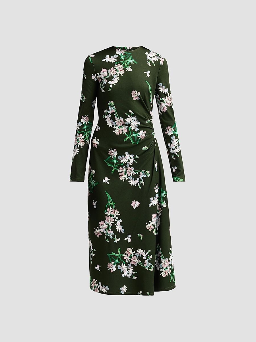 Women's Floral Ponte Long-Sleeve Midi Dress - Painted Orchid Forest Green - Size 4
