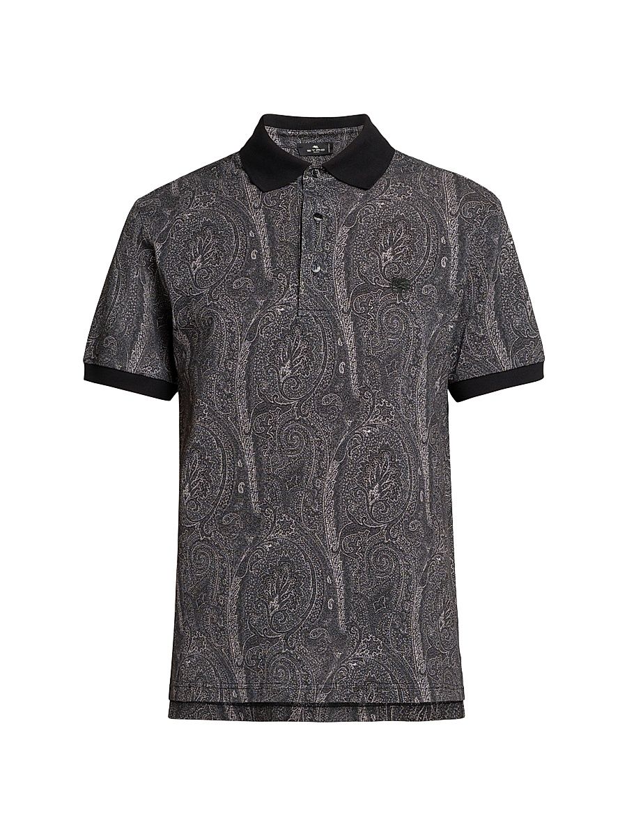 Men's Paisley Cotton Polo Top - Print On Black Base - Size XXL