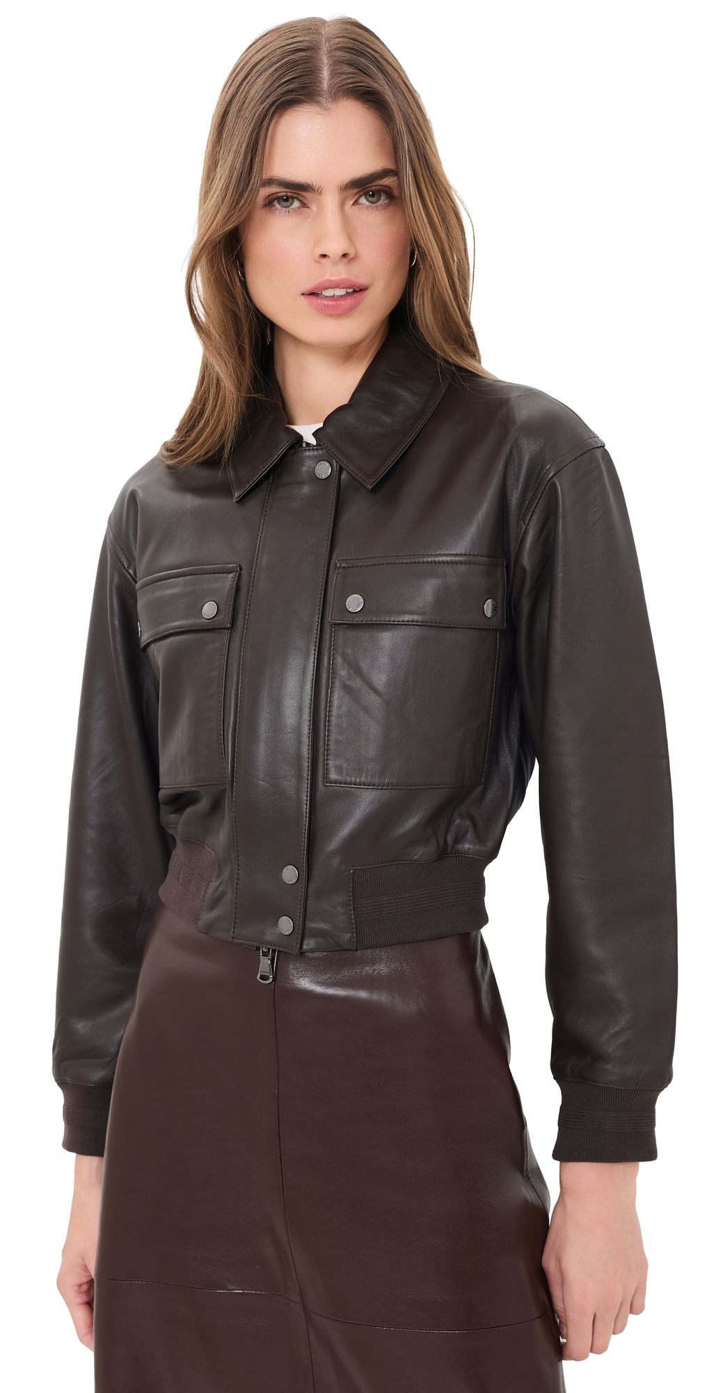 L'AGENCE Clotilde Leather Bomber Jacket Brunette S