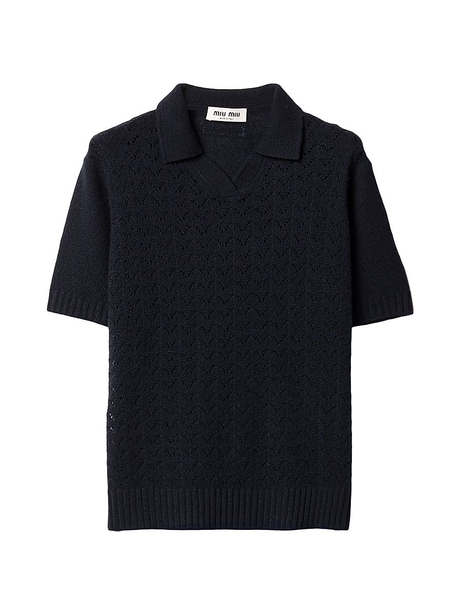 Women's Lace-Effect Cashmere Polo Shirt - Blue - Size 4