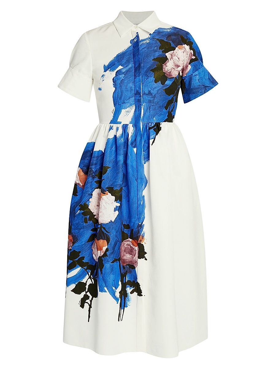 Women's Floral Brushstroke Midi Shirtdress - Brushstroke Rose Cobalt Blue - Size 12