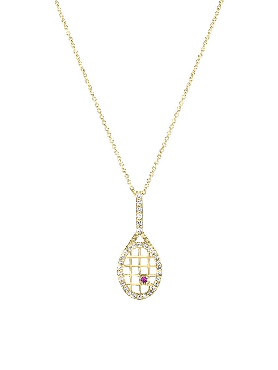 Women's Tiny Treasures 18K Gold, Diamond & Ruby Tennis Racket Necklace - Yellow Gold