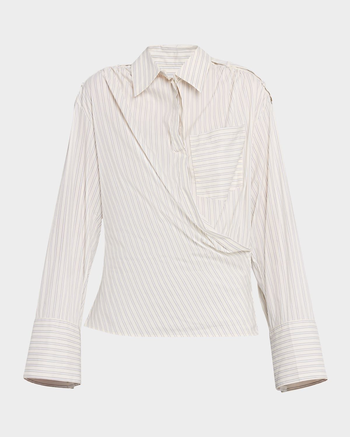 Lace Pinstripe Cotton Wrap Blouse