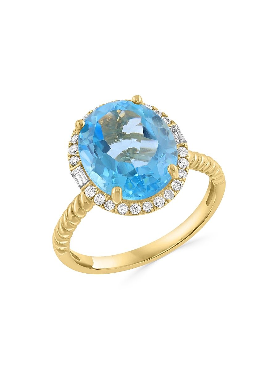 Women's 14K Yellow Gold, Blue Topaz & 0.24 TCW Diamond Halo Ring - Yellow Gold - Size 7