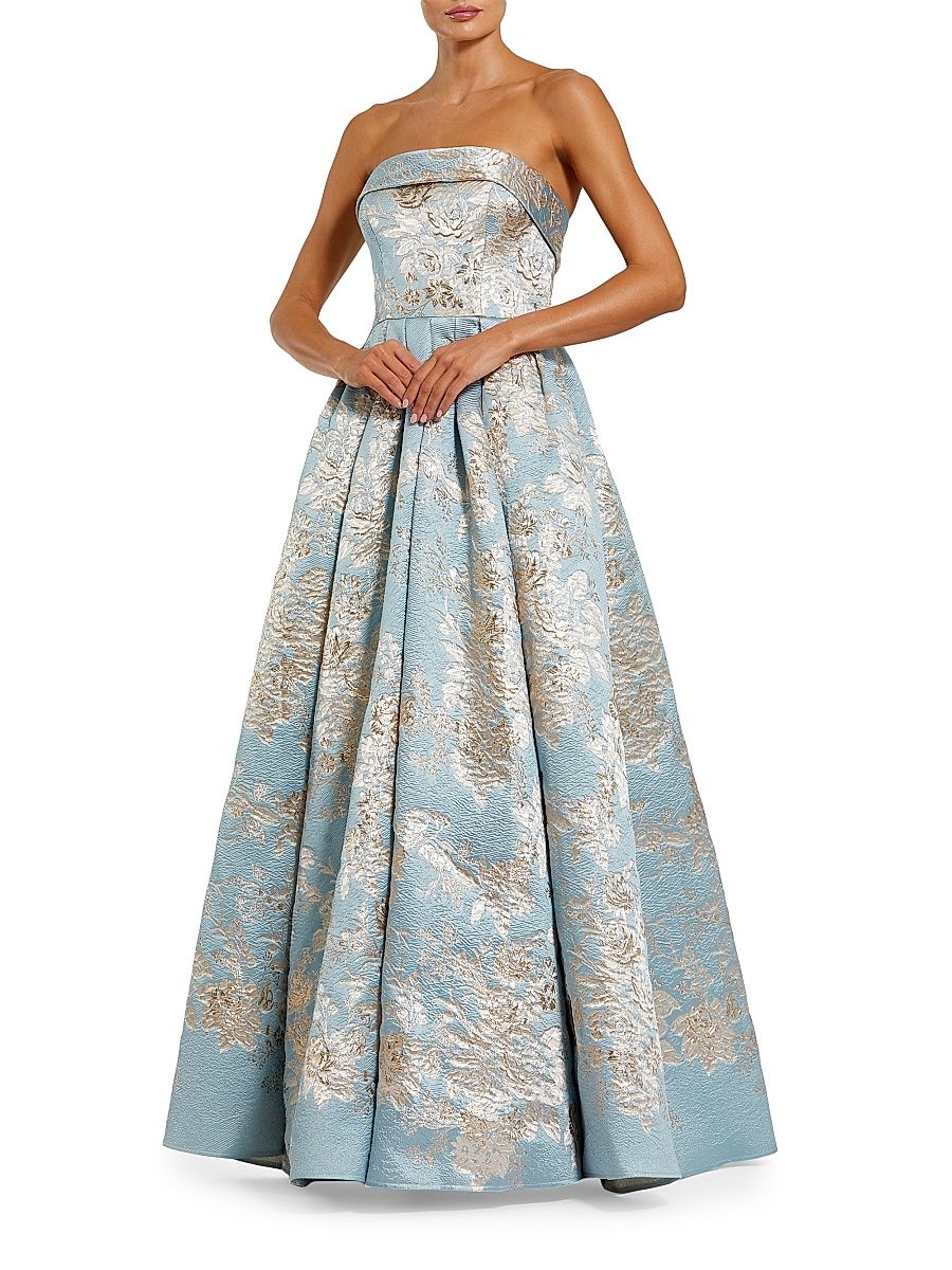 Women's Cocktail Floral-Brocade Pleated Ballgown - Blue Multi - Size 20