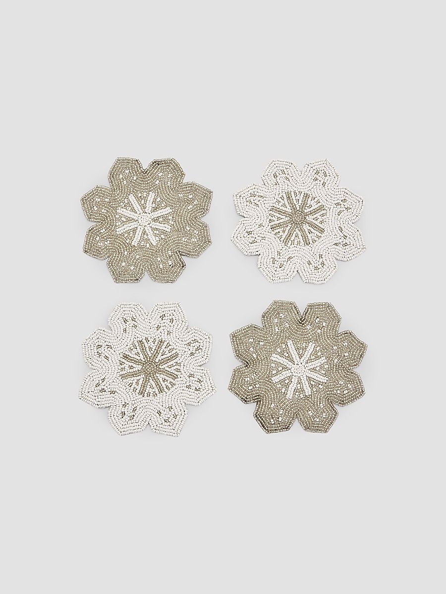 Sudha Pennathur Set of Four Beaded Velvet Snowflake Coasters - Silver