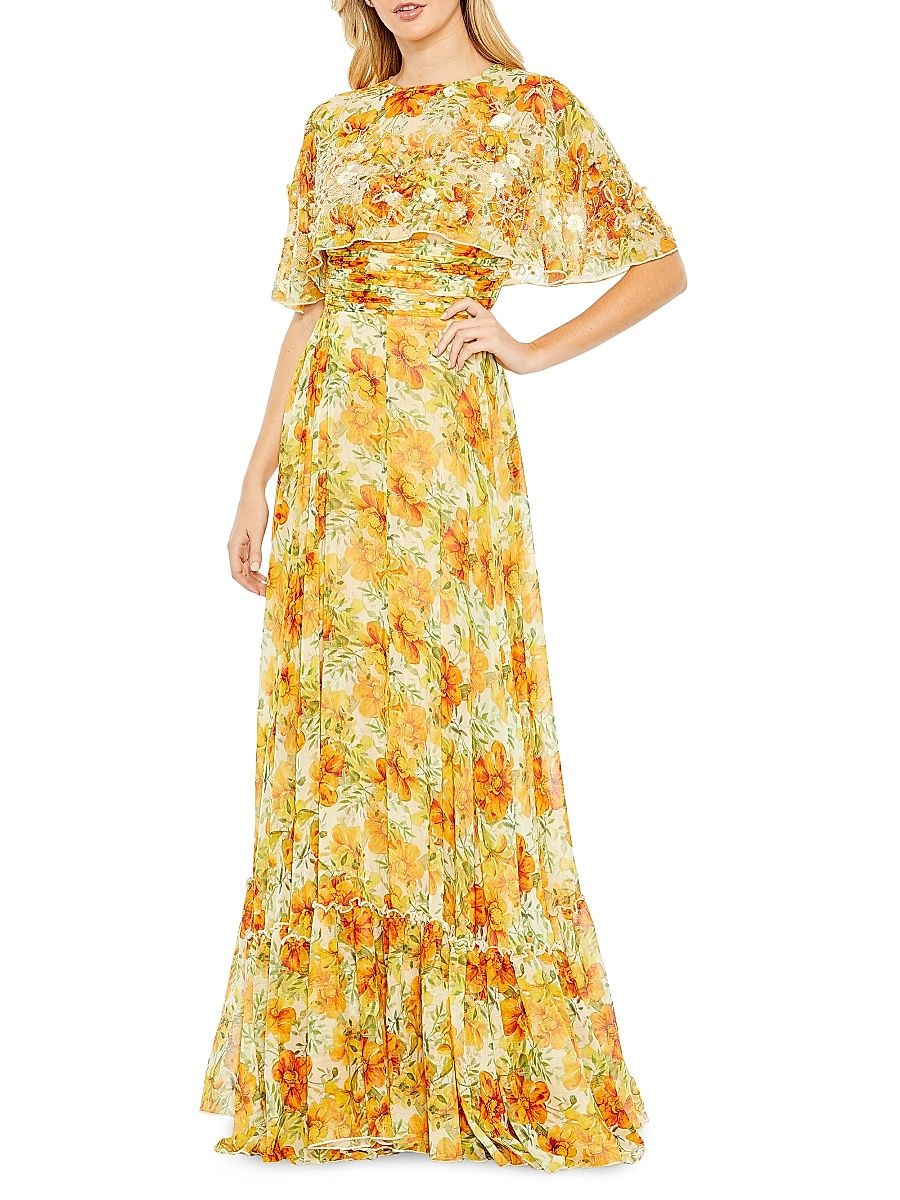 Women's Embellished Floral Cape-Sleeve Gown - Yellow Multi - Size 24