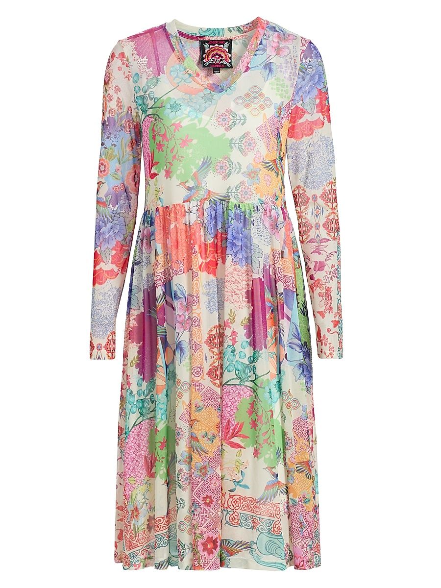 Women's Printed Mesh V-Neck Knee-Length Dress - Mcdreamer Print - Size XXL