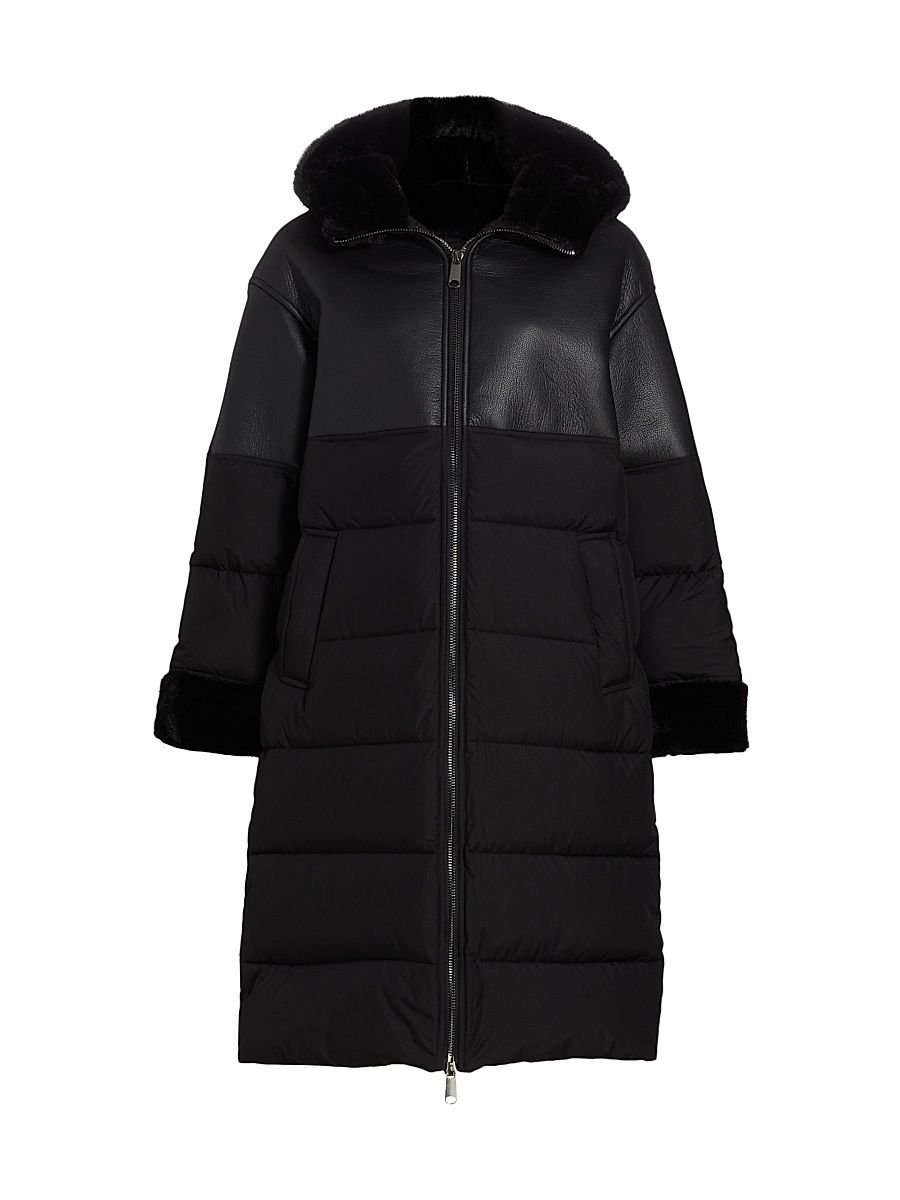 Women's Kate Mixed-Media Puffer Coat - Black - Size Large