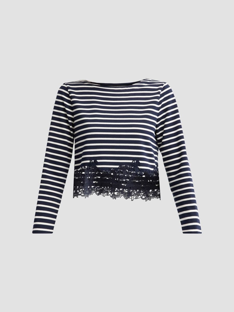Veronica Beard Women's Hovey Lace-Trimmed Striped Top - Navy Dove - Size XL