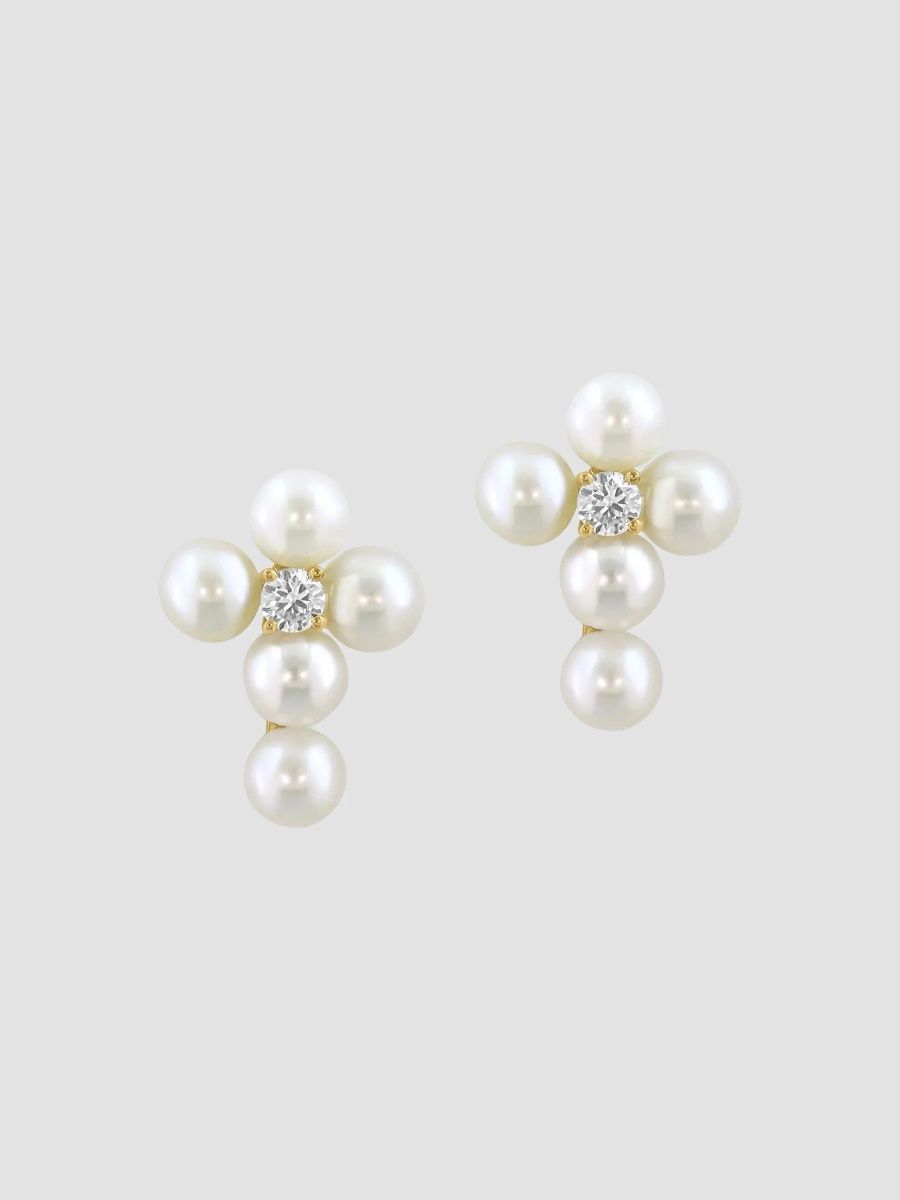 Women's 18K Yellow Gold, Freshwater Pearl & 0.03 Lab-Grown Diamond Cross Stud Earrings - White