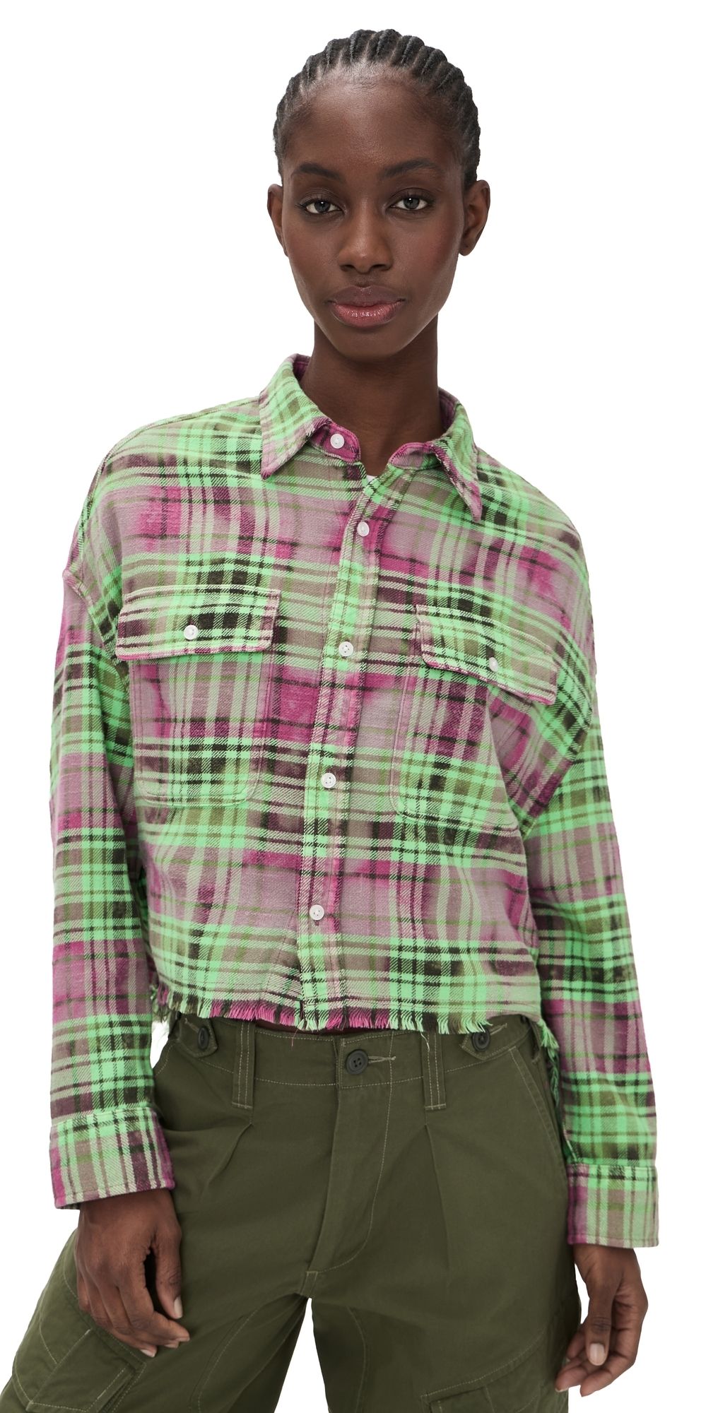 R13 Cropped Work Shirt Pink Overdyed Green Plaid L