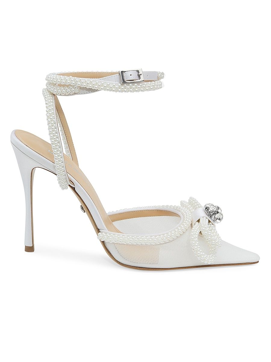 Women's 110MM Embellished Double Bow Mesh Pumps - White - Size 11