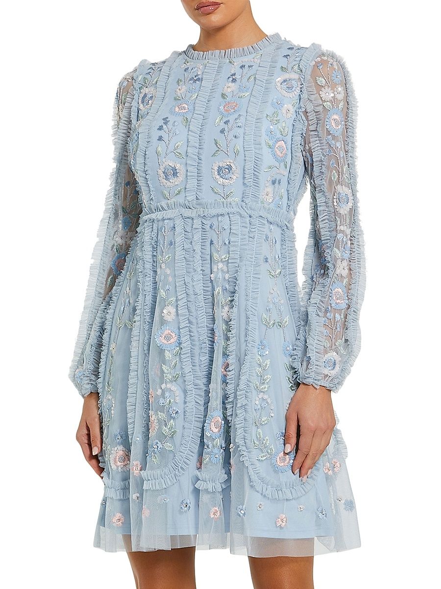 Women's Cocktail Floral-Embroidered Tulle Minidress - Powder Blue - Size 12