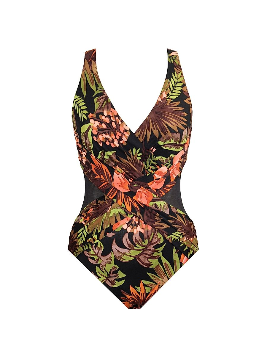 Women's Botanico Crossover One-Piece Swimsuit - Black Multi - Size 14