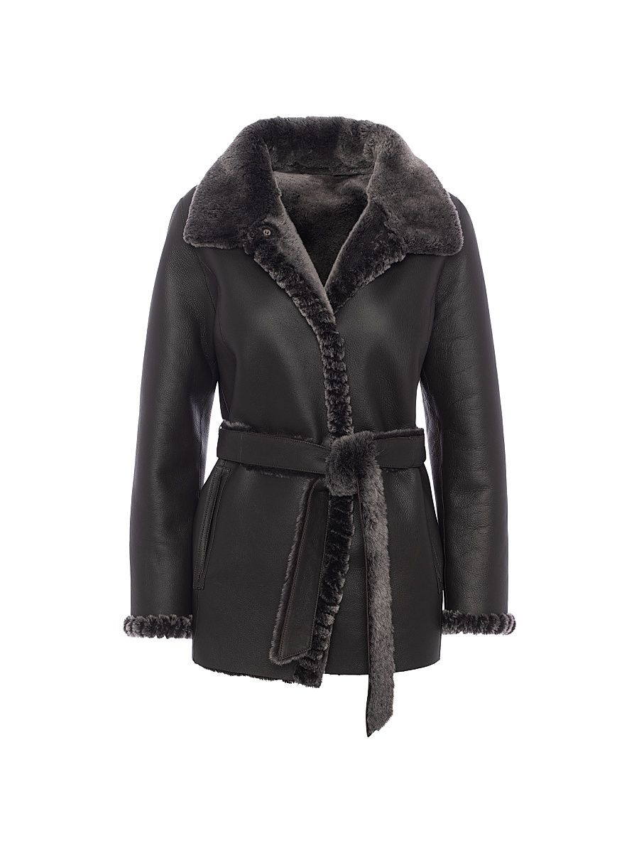 Women's Merino Shearling Lamb Jacket with Whipstitch Trim - Brown Brisa - Size Large