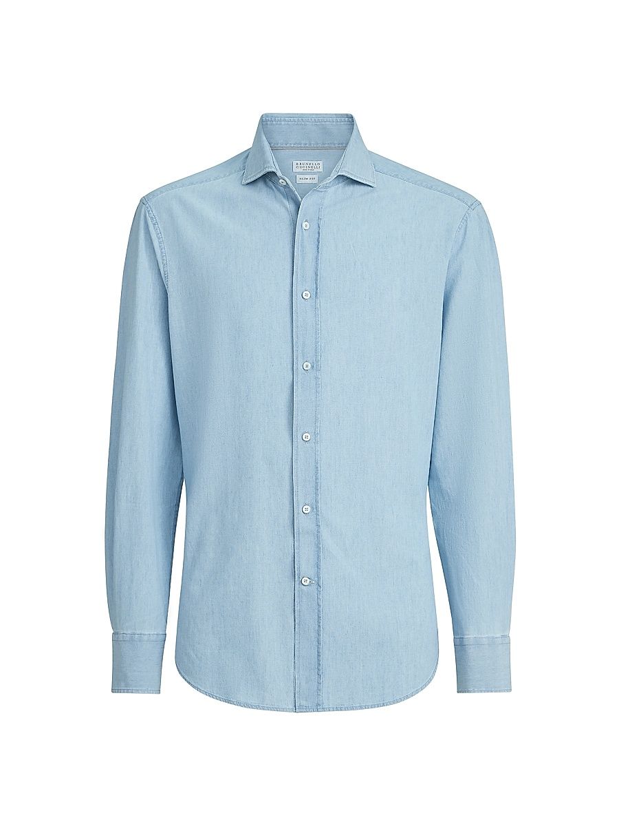 Men's Denim Effect Chambray Slim Fit Shirt with Spread Collar - Medium Denim - Size XXXL