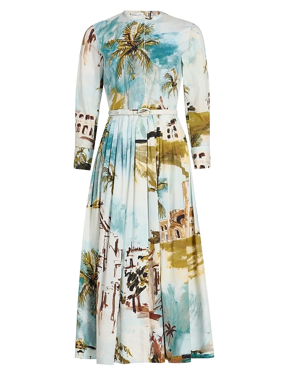 Women's Landscape-Print Cotton Poplin Midi-Shirtdress - Blue Green Multi - Size 2
